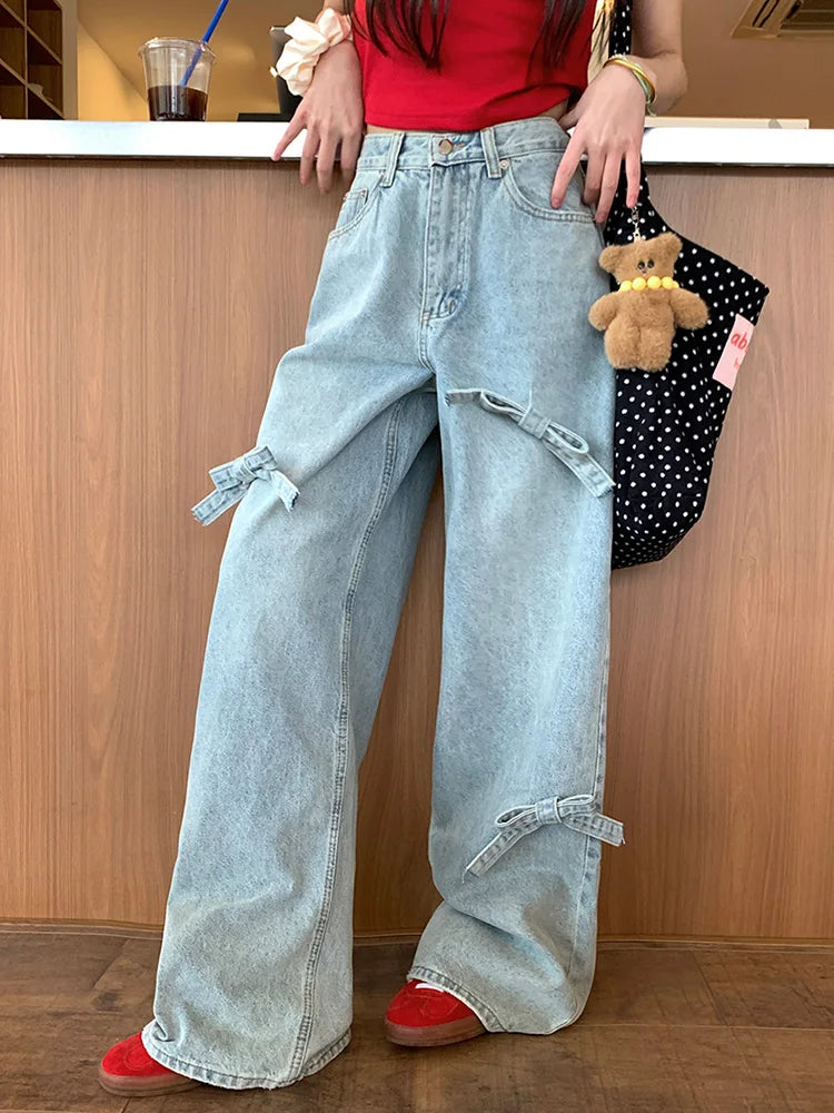 Washed Bow Baggy Wide Leg Y2K Street Jean