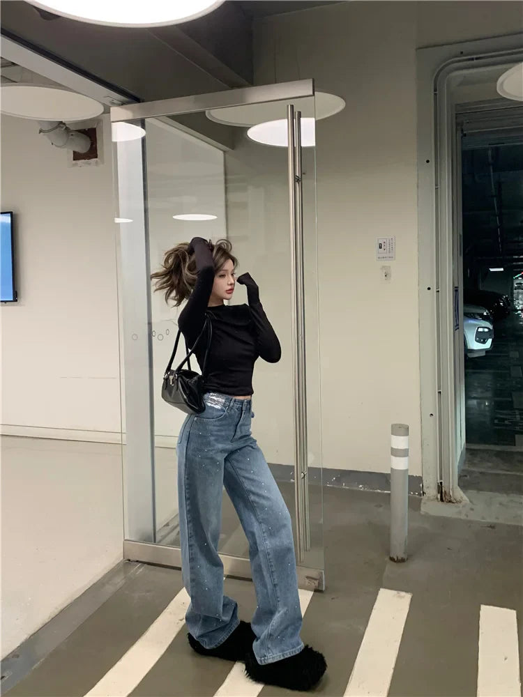 Rhinestone Y2K High Waist Straight Denim Jean
