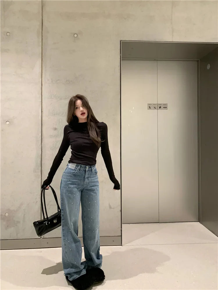 Rhinestone Y2K High Waist Straight Denim Jean