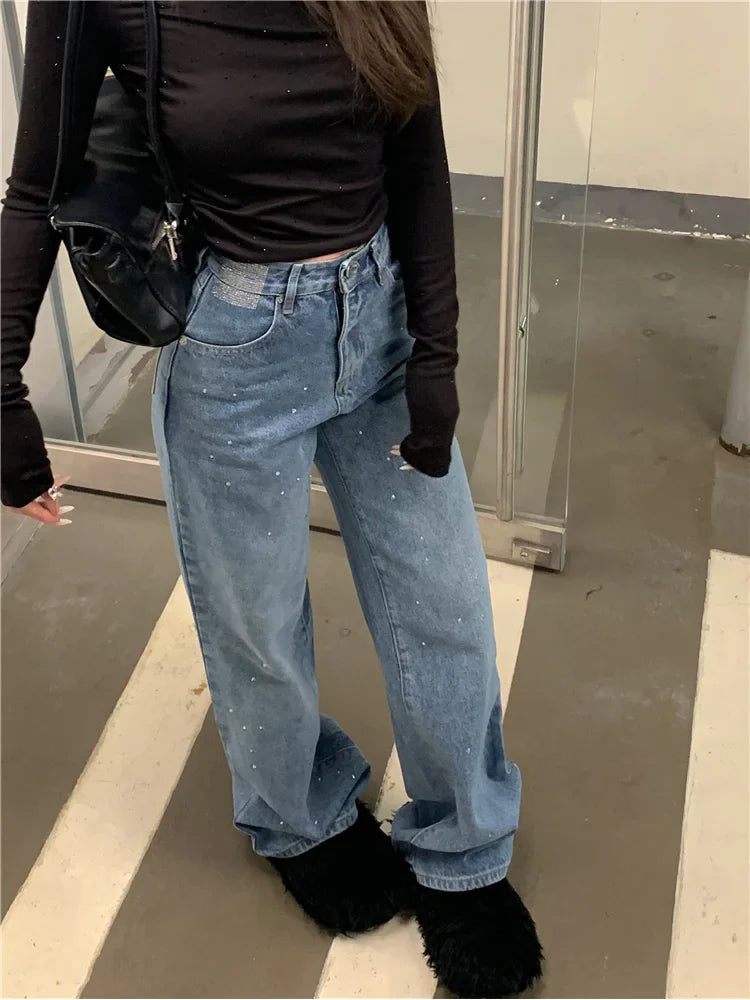 Rhinestone Y2K High Waist Straight Denim Jean