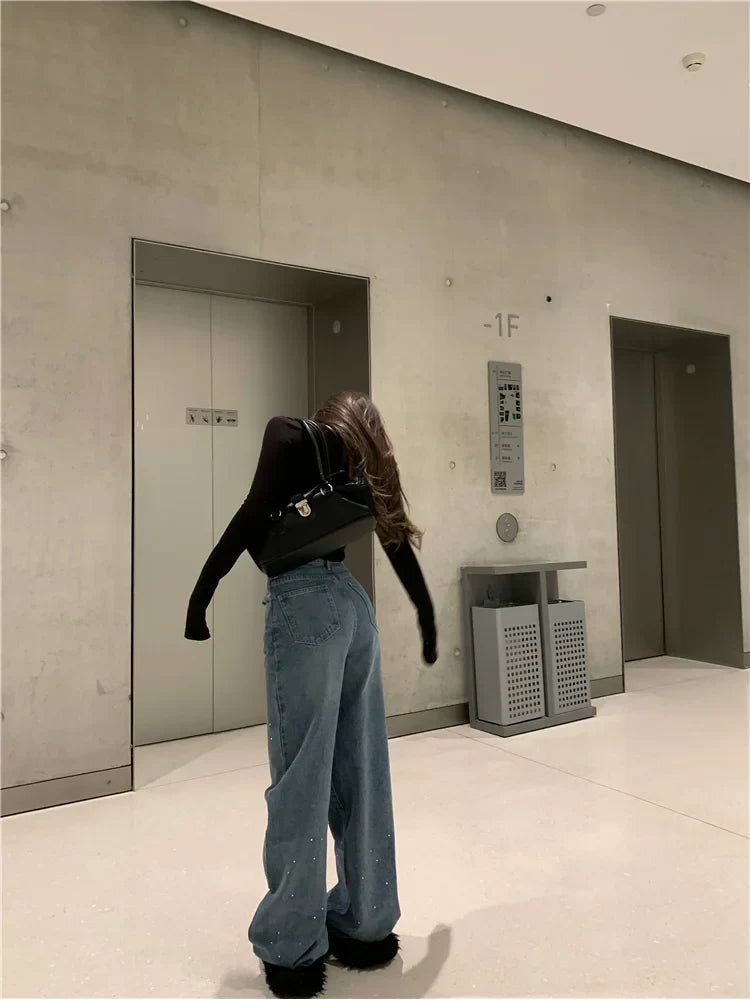 Rhinestone Y2K High Waist Straight Denim Jean