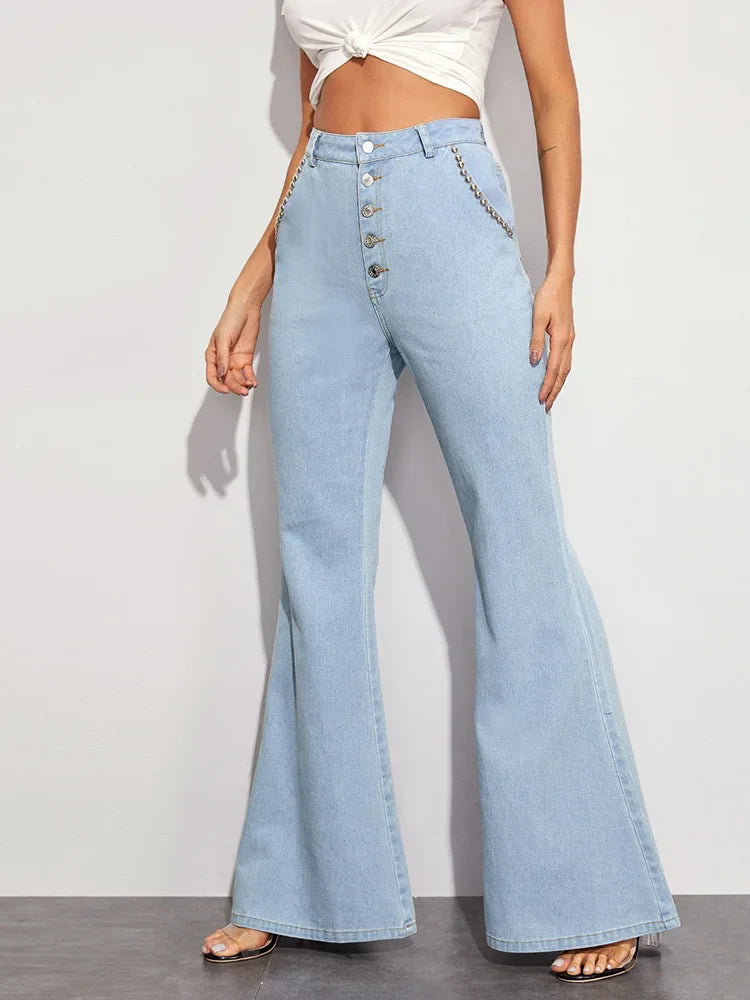 Button Fly Flare Wide Leg Casual Denim Jean