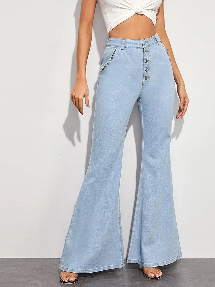 Button Fly Flare Wide Leg Casual Denim Jean