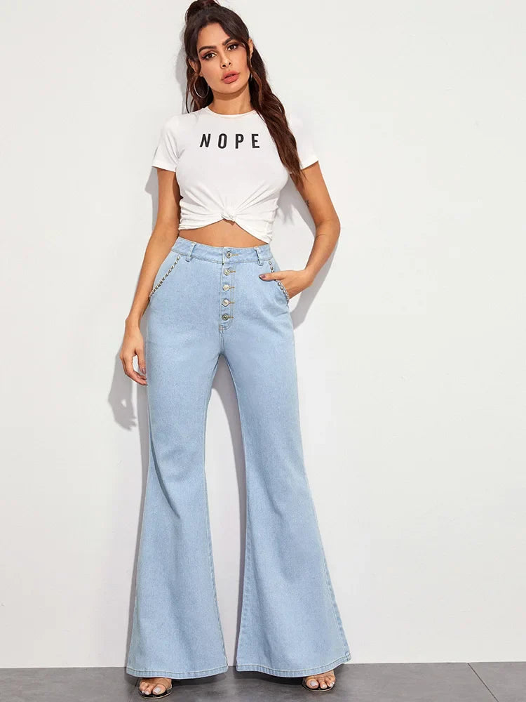 Button Fly Flare Wide Leg Casual Denim Jean