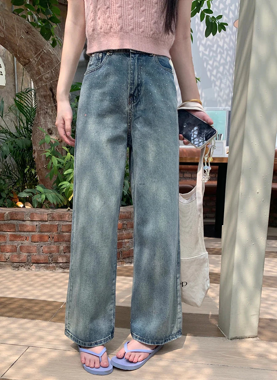 Diamond High Waist Washed Retro Straight Jean