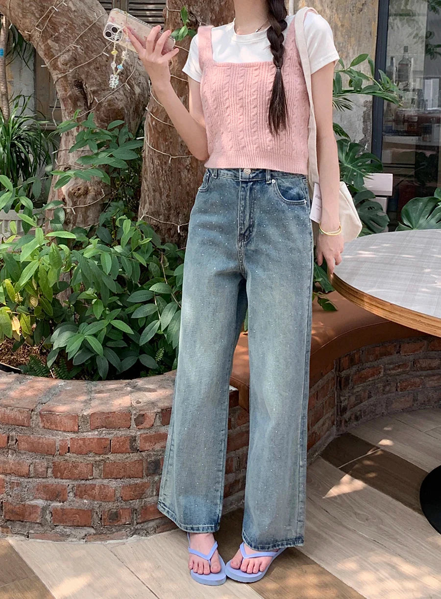 Diamond High Waist Washed Retro Straight Jean