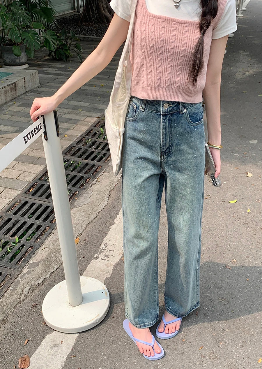 Diamond High Waist Washed Retro Straight Jean