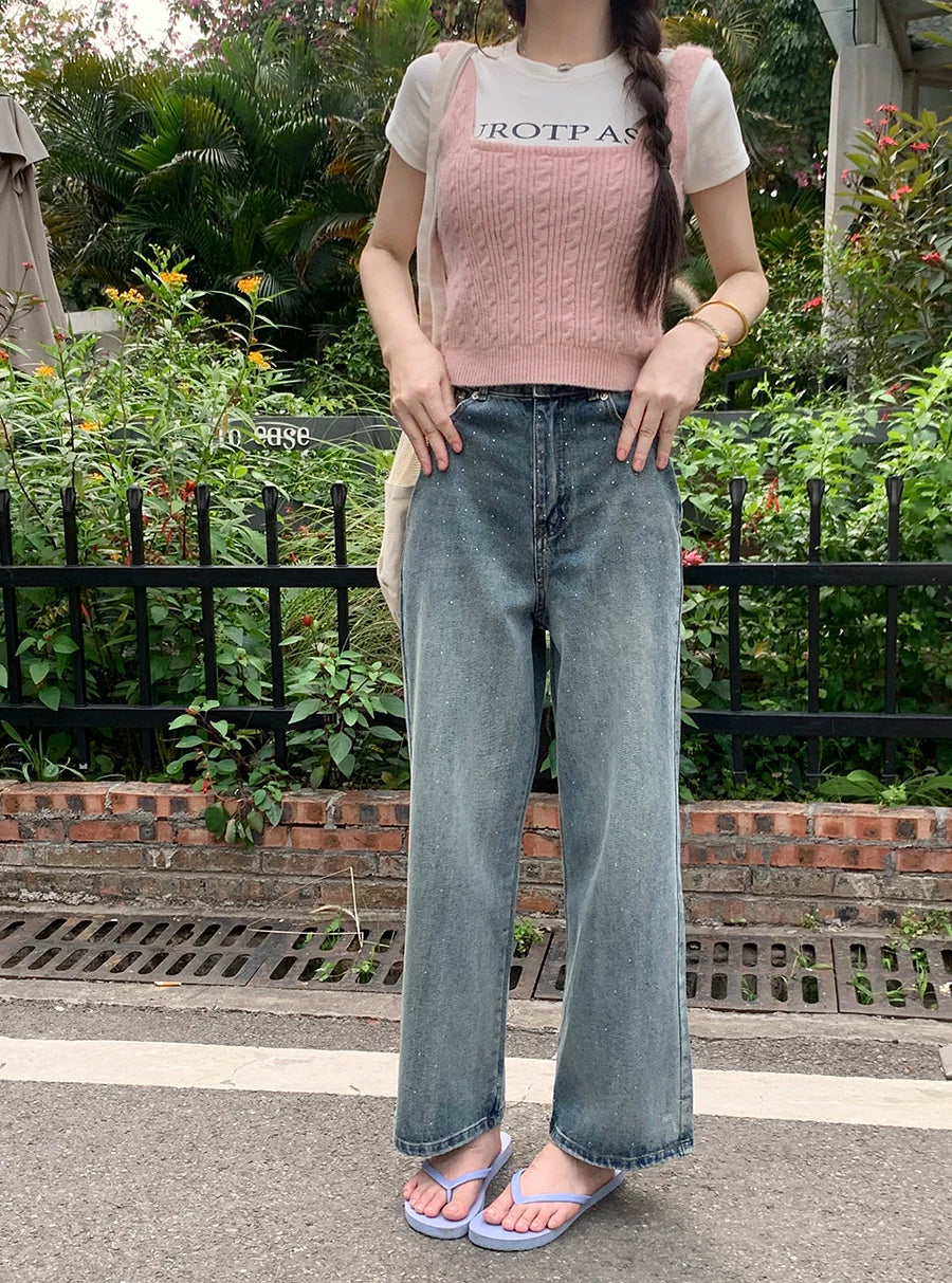 Diamond High Waist Washed Retro Straight Jean