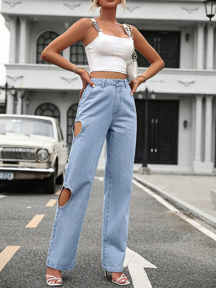 Washed Hole Loose Street High Waist Jean
