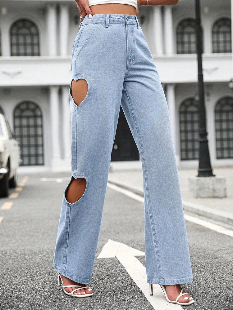 Washed Hole Loose Street High Waist Jean