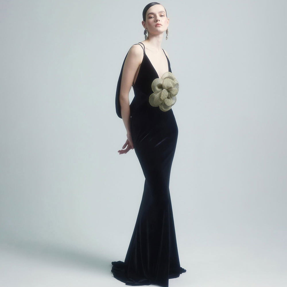 Backless Golden Floral Slim Fit Maxi Dress