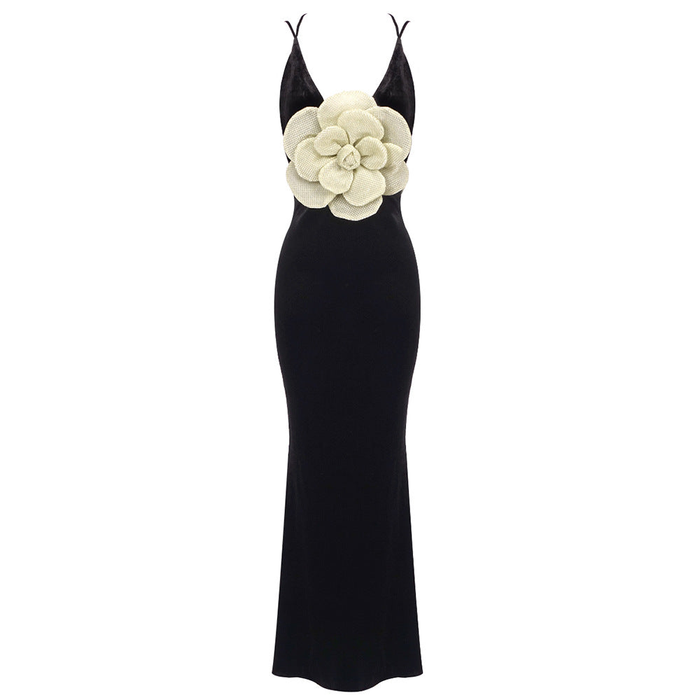 Backless Golden Floral Slim Fit Maxi Dress