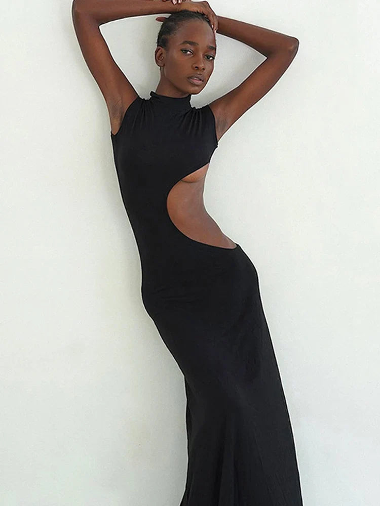 Hollow Out Sleeveless High Waist Bodycon Evening Maxi Dress