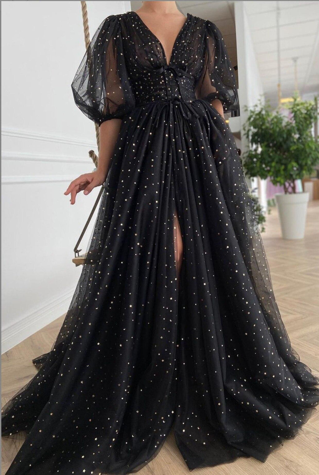 Black Mesh Starry Tulle Party Dress