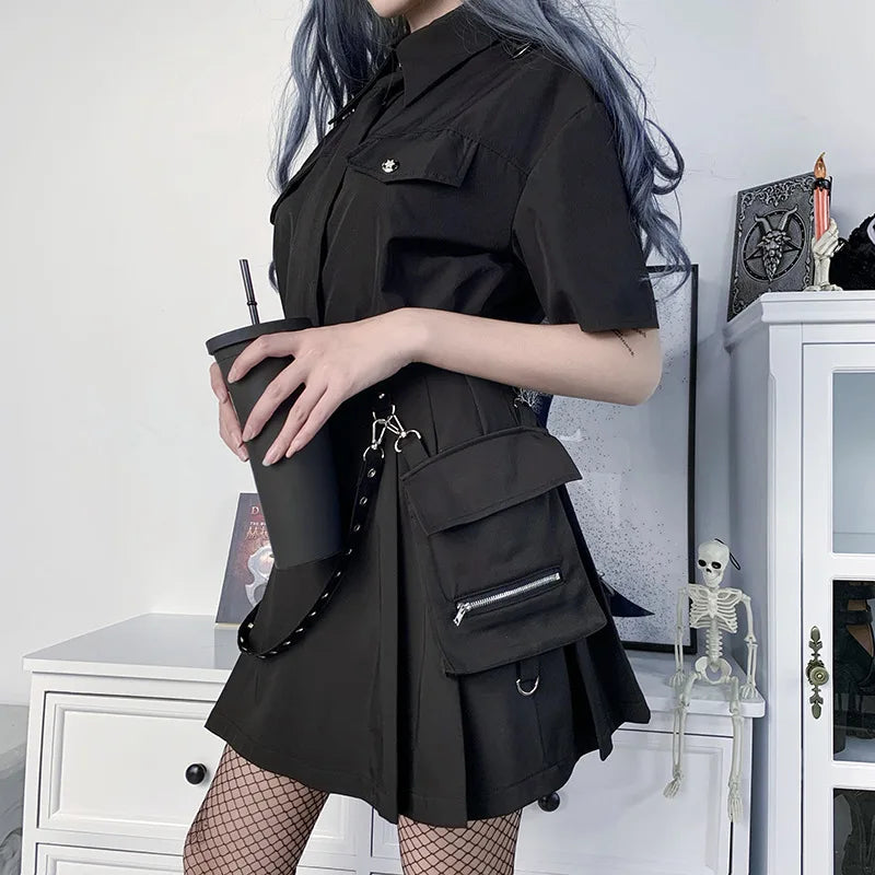 Black Irregular Pleated A Line Gothic Mini Dress