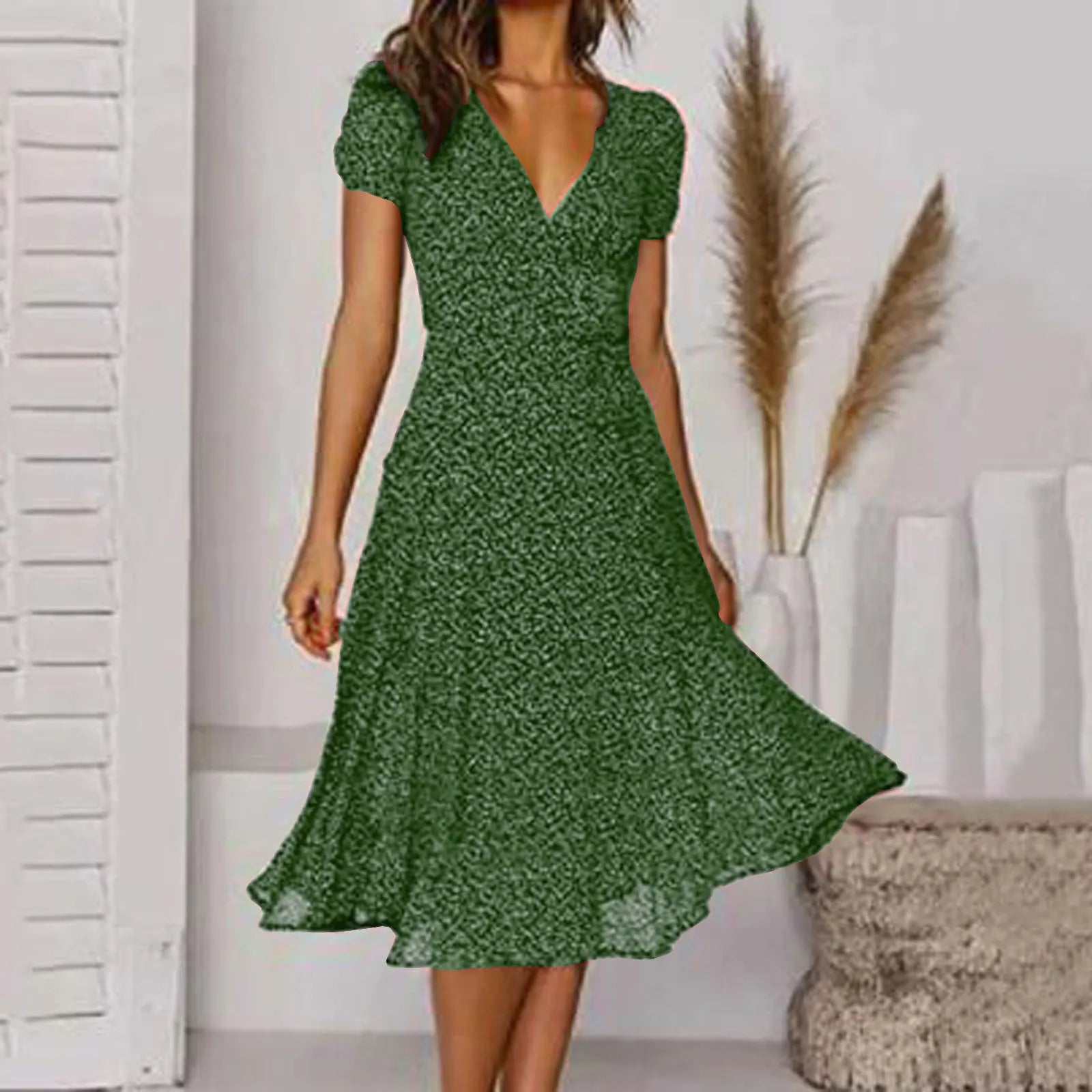 Bohemian Short Sleeve Tie Waist A Line Midi Dress