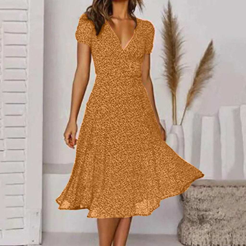 Bohemian Short Sleeve Tie Waist A Line Midi Dress