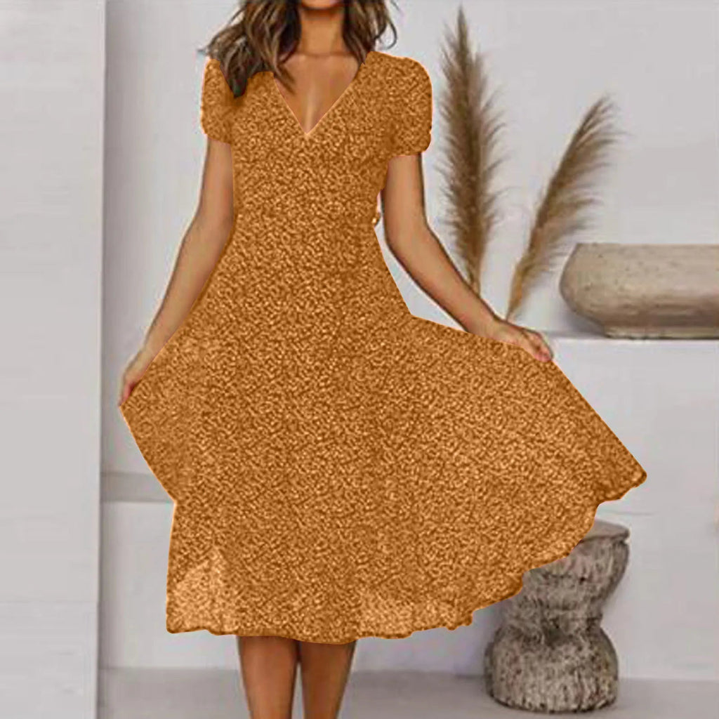 Bohemian Short Sleeve Tie Waist A Line Midi Dress