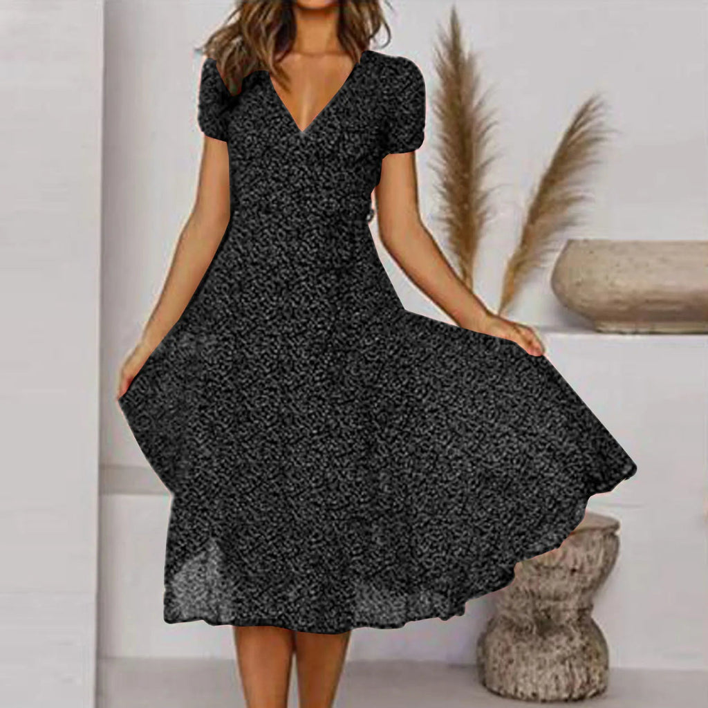 Bohemian Short Sleeve Tie Waist A Line Midi Dress