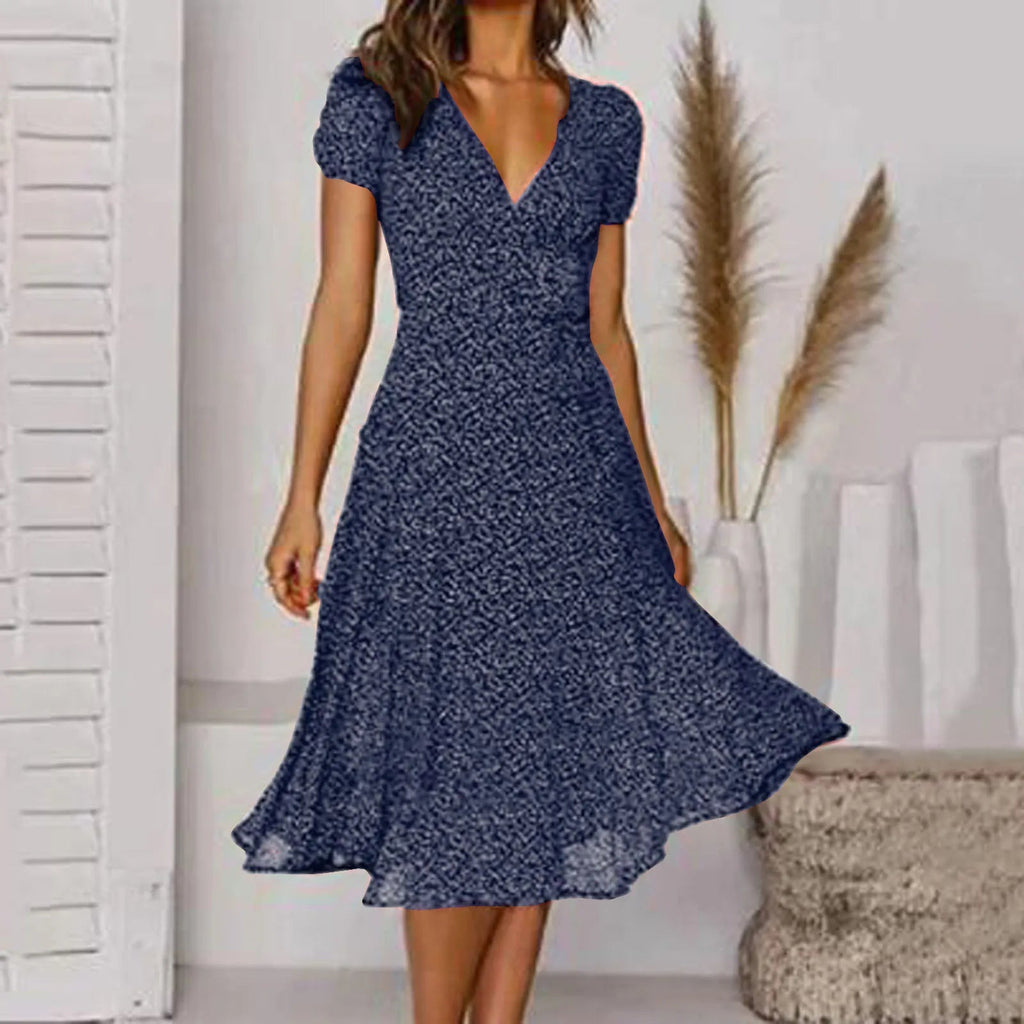 Bohemian Short Sleeve Tie Waist A Line Midi Dress