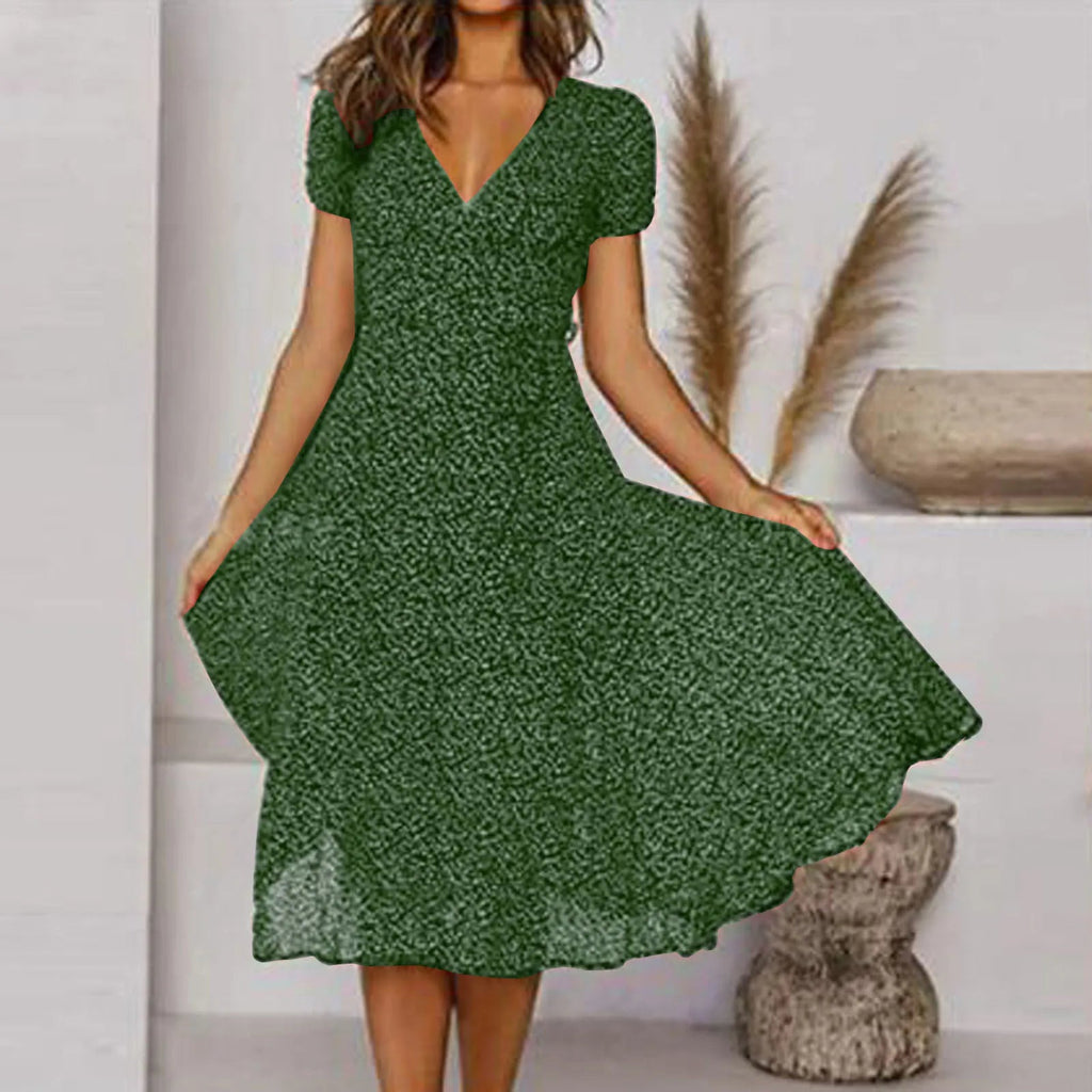 Bohemian Short Sleeve Tie Waist A Line Midi Dress