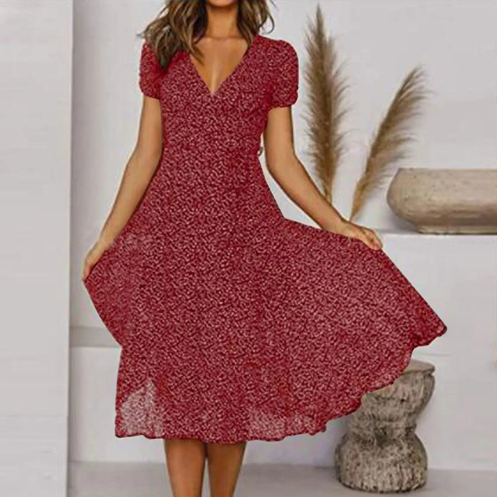Bohemian Short Sleeve Tie Waist A Line Midi Dress