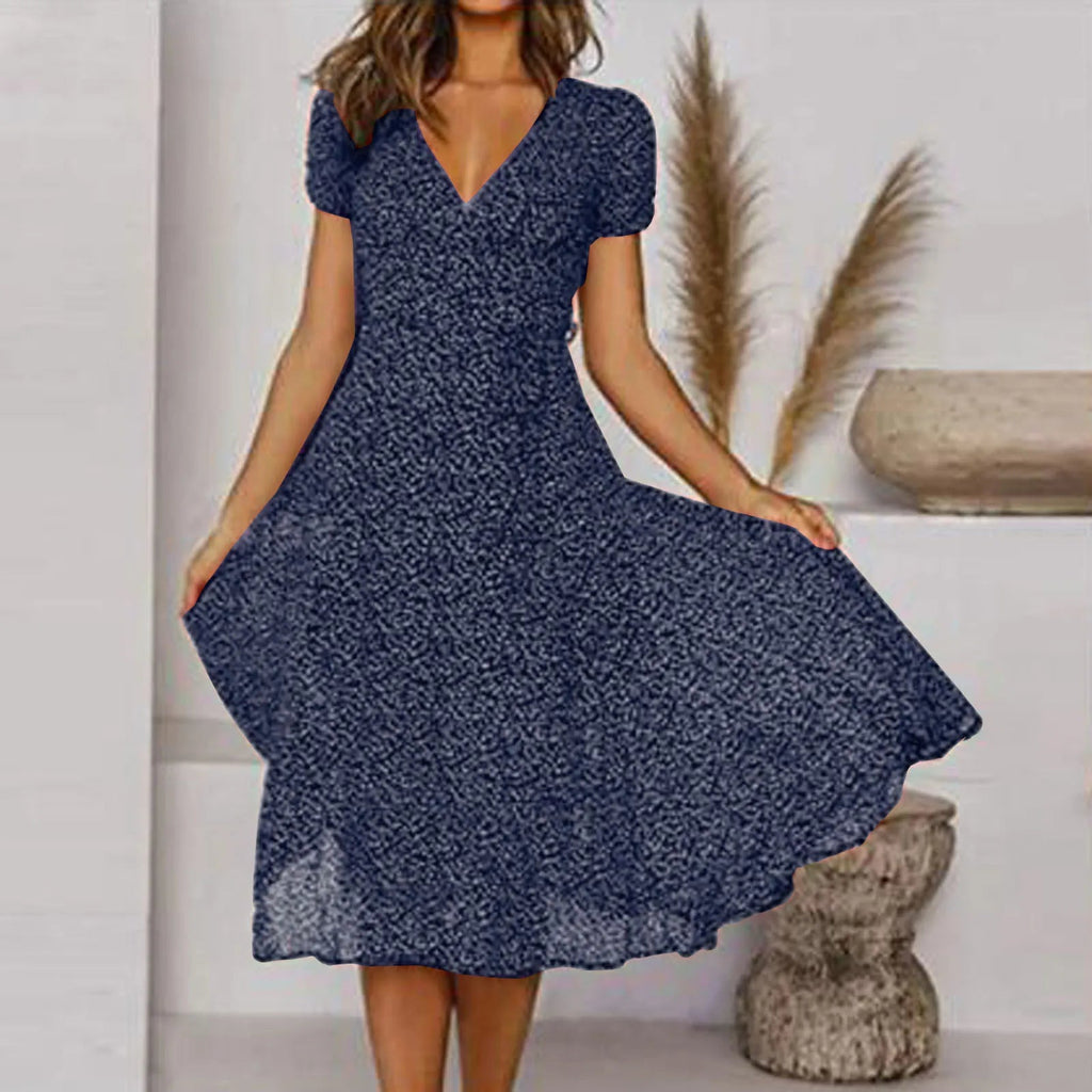Bohemian Short Sleeve Tie Waist A Line Midi Dress