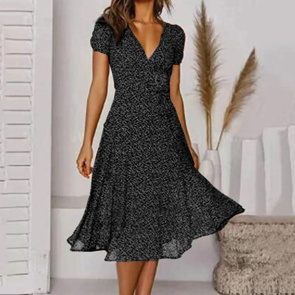 Bohemian Short Sleeve Tie Waist A Line Midi Dress