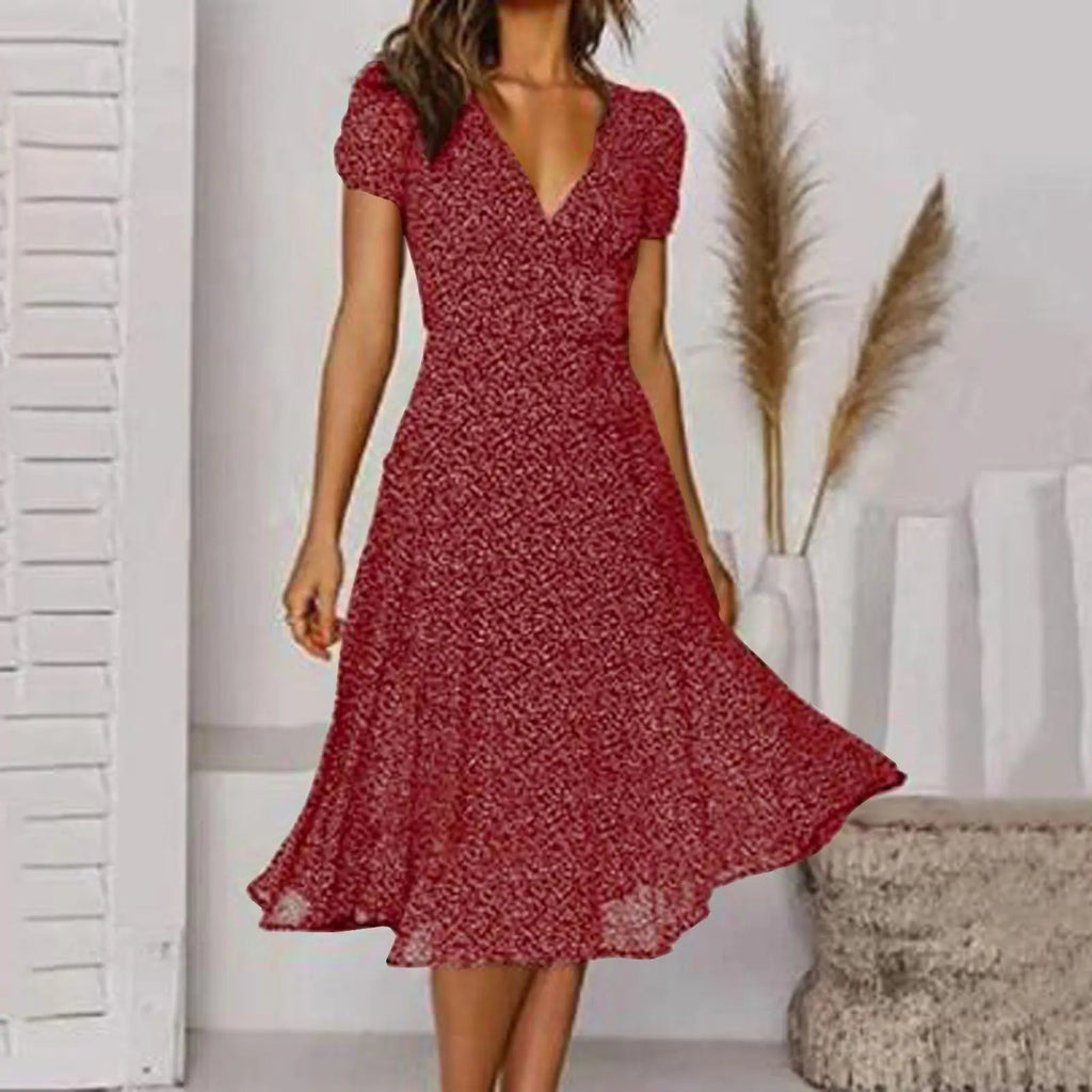 Bohemian Short Sleeve Tie Waist A Line Midi Dress