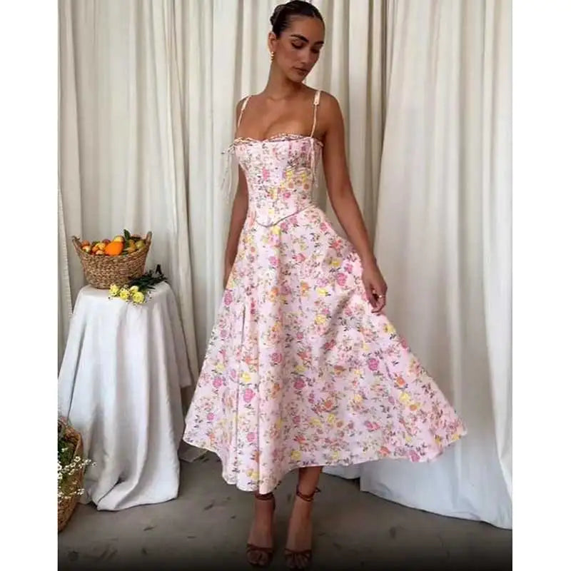 Boho Pink Printed Cotton Strapless Floral Dress