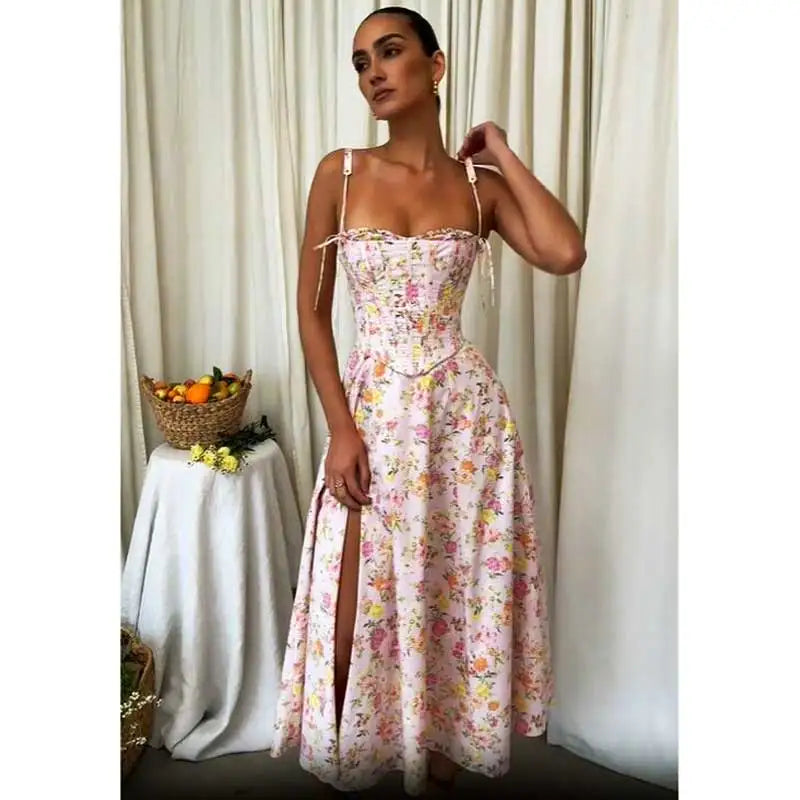 Boho Pink Printed Cotton Strapless Floral Dress