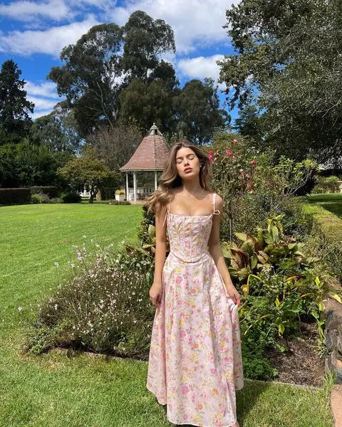 Boho Pink Printed Cotton Strapless Floral Dress