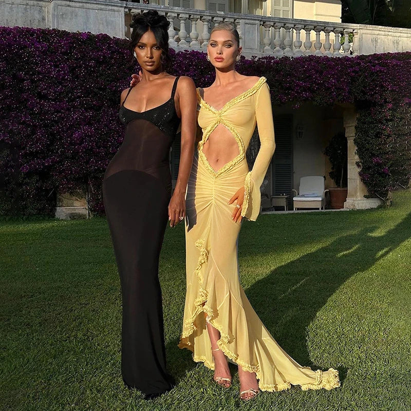 Mesh See Through Low Cut Tassel Long Sleeve Maxi Dress