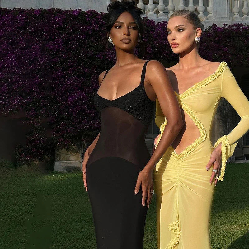 Mesh See Through Low Cut Tassel Long Sleeve Maxi Dress