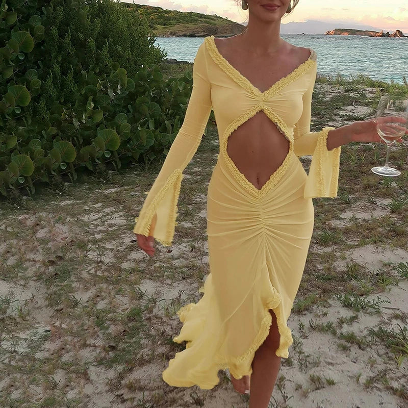 Mesh See Through Low Cut Tassel Long Sleeve Maxi Dress