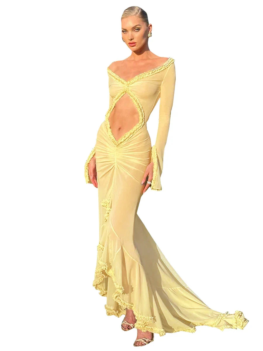 Mesh See Through Low Cut Tassel Long Sleeve Maxi Dress