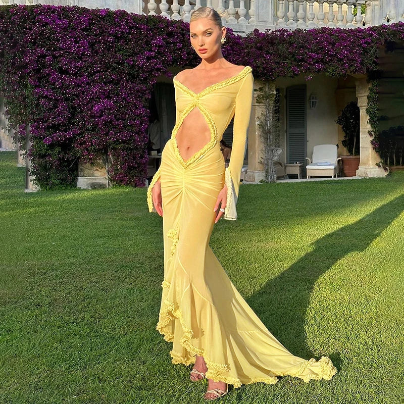 Mesh See Through Low Cut Tassel Long Sleeve Maxi Dress