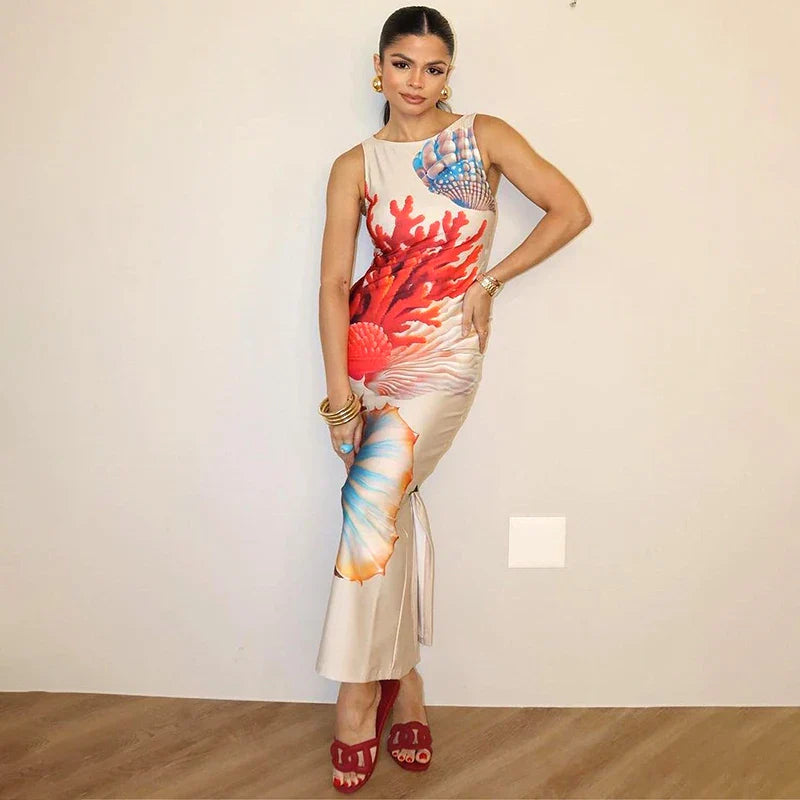 High Slit Hollow Snake Print Maxi Dress