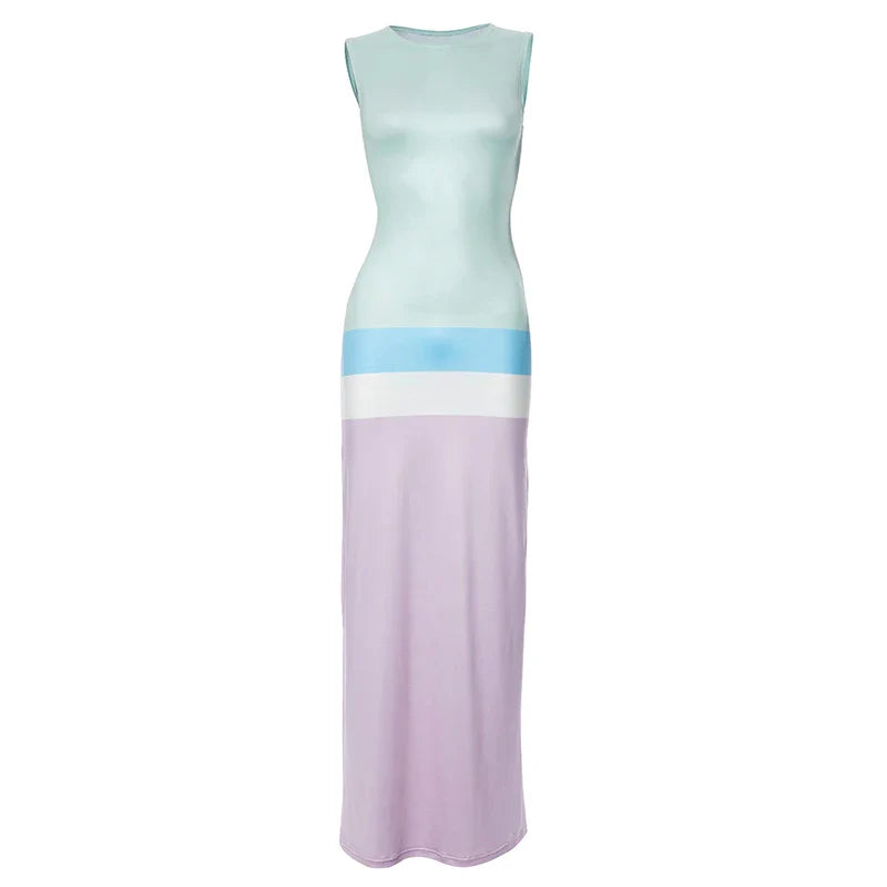 Macaron Sleeveless Round Neck Sweet Maxi Dress