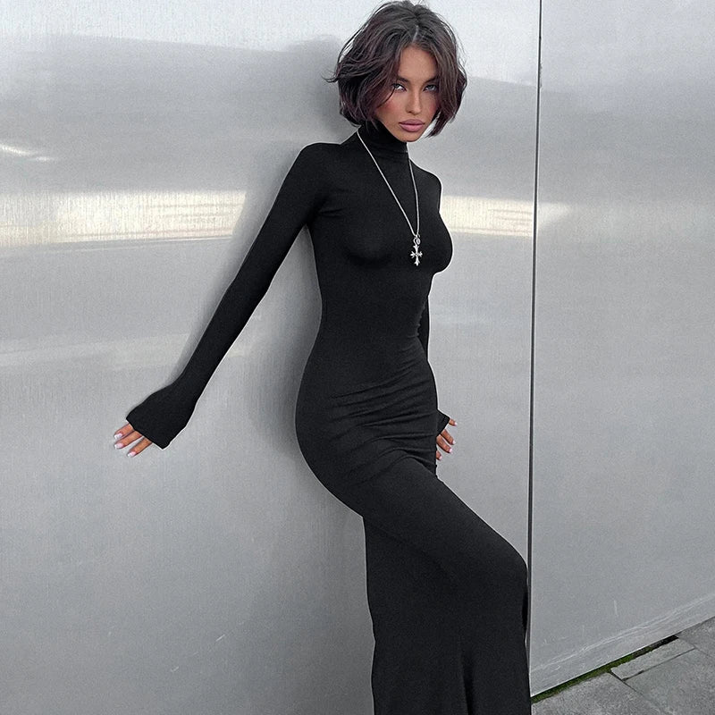 High Collar Long Sleeve Fishtail Slim Black Maxi Dress