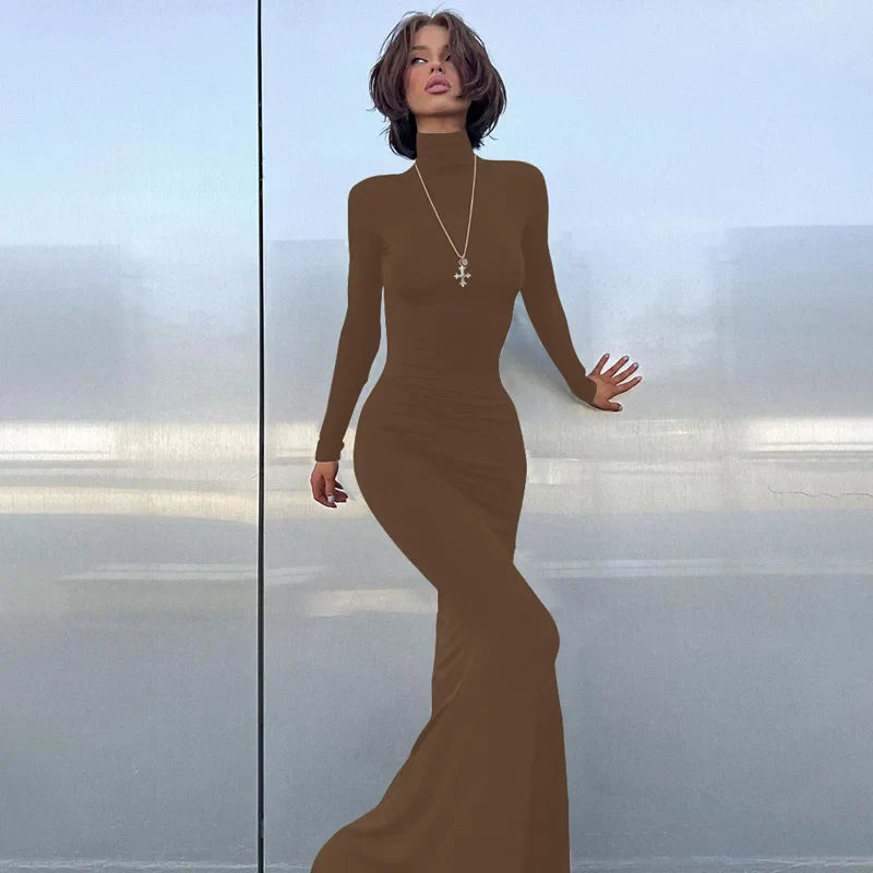 High Collar Long Sleeve Fishtail Slim Black Maxi Dress