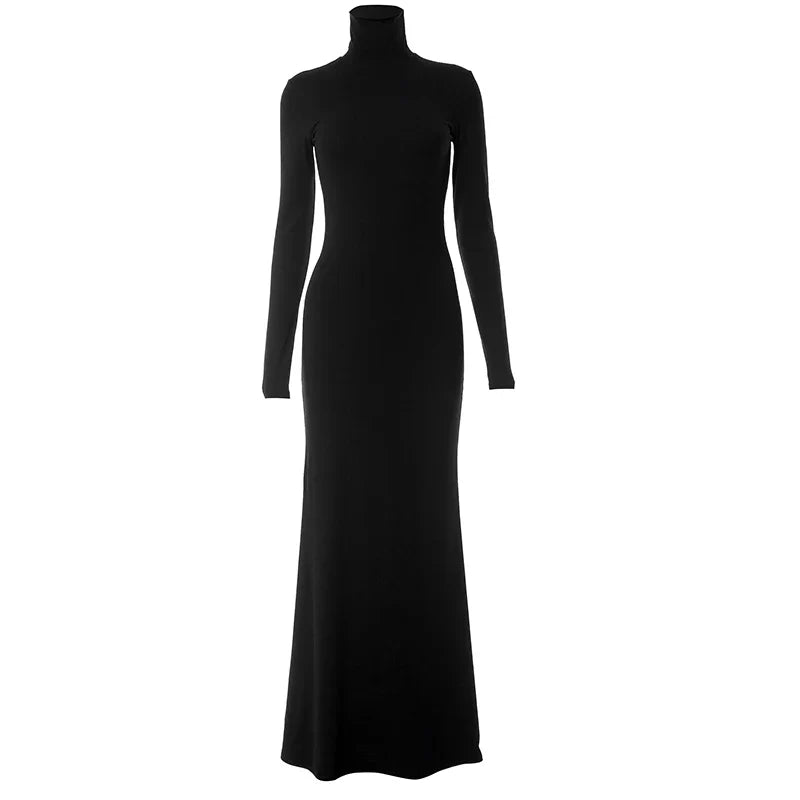 High Collar Long Sleeve Fishtail Slim Black Maxi Dress