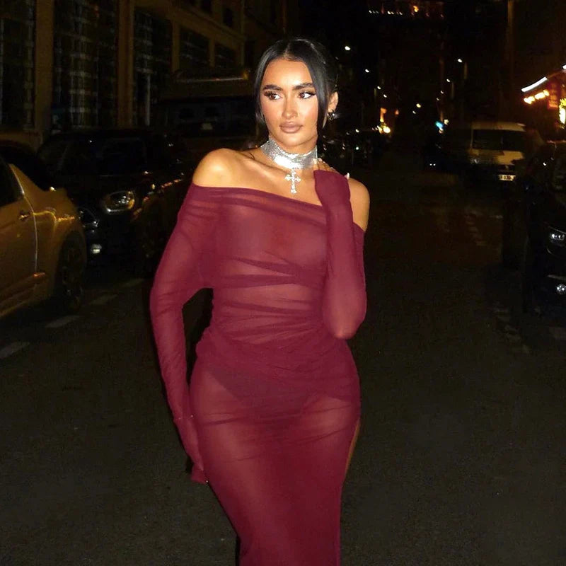 Off Shoulder Mesh High Slit Pullover Summer Beach Maxi Dress