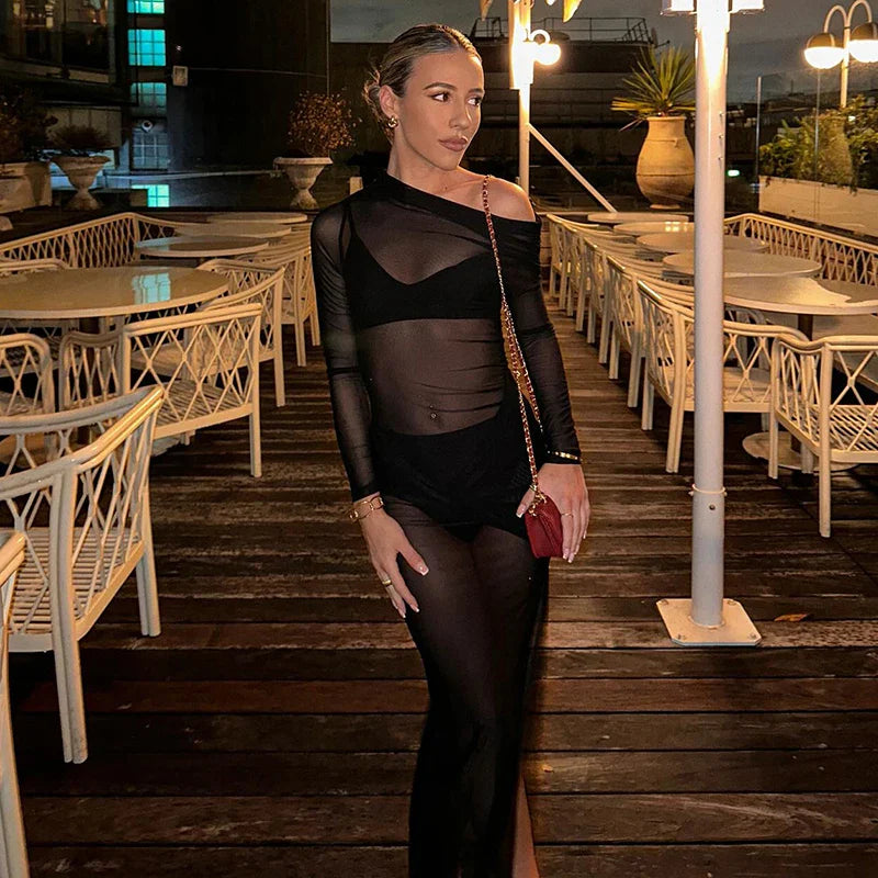 Off Shoulder Mesh High Slit Pullover Summer Beach Maxi Dress