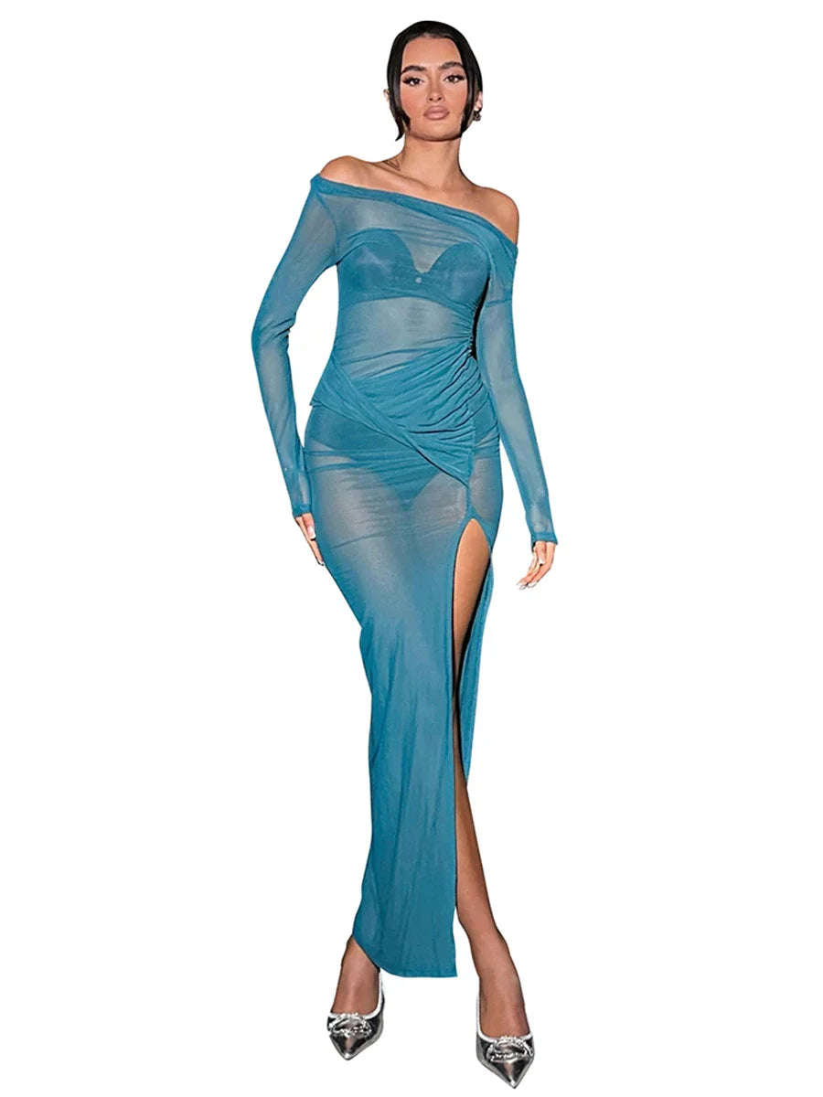 Off Shoulder Mesh High Slit Pullover Summer Beach Maxi Dress