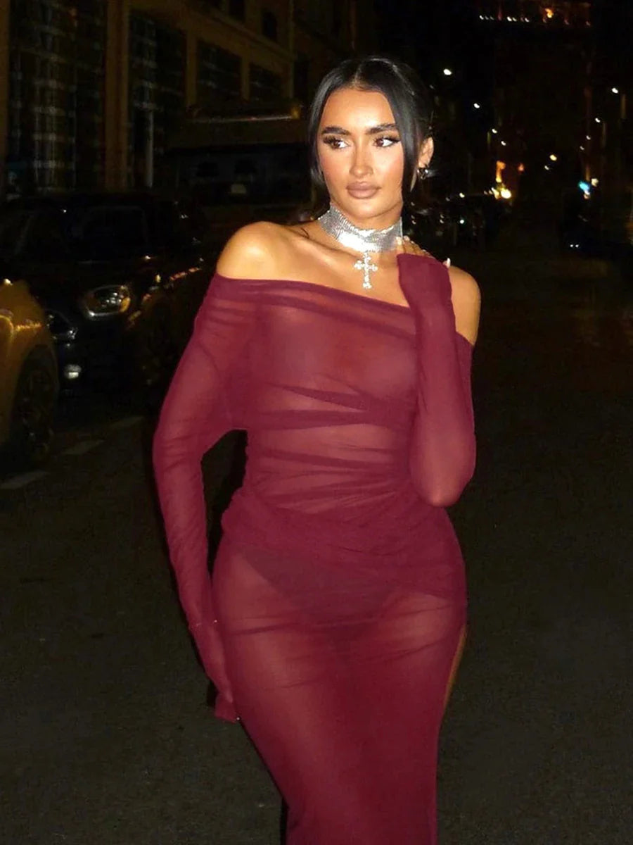 Off Shoulder Mesh High Slit Pullover Summer Beach Maxi Dress