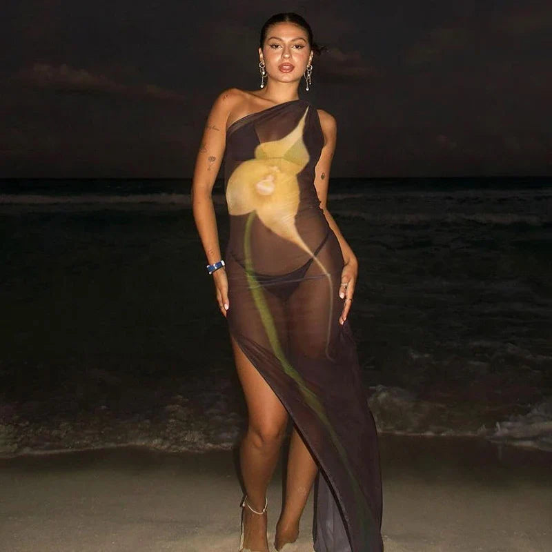 One Shoulder Printed See Through Mesh Slim Maxi Dress