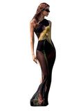 One Shoulder Printed See Through Mesh Slim Maxi Dress