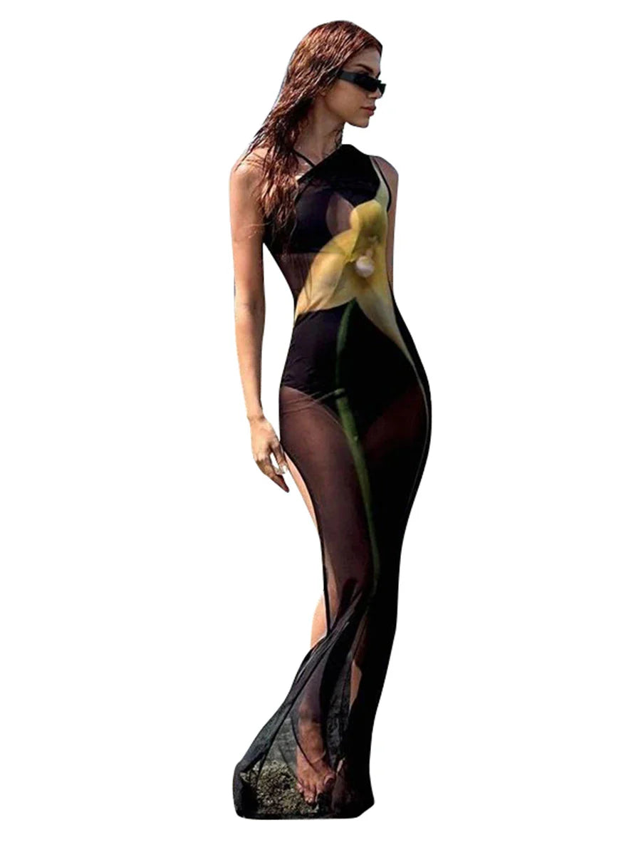 One Shoulder Printed See Through Mesh Slim Maxi Dress