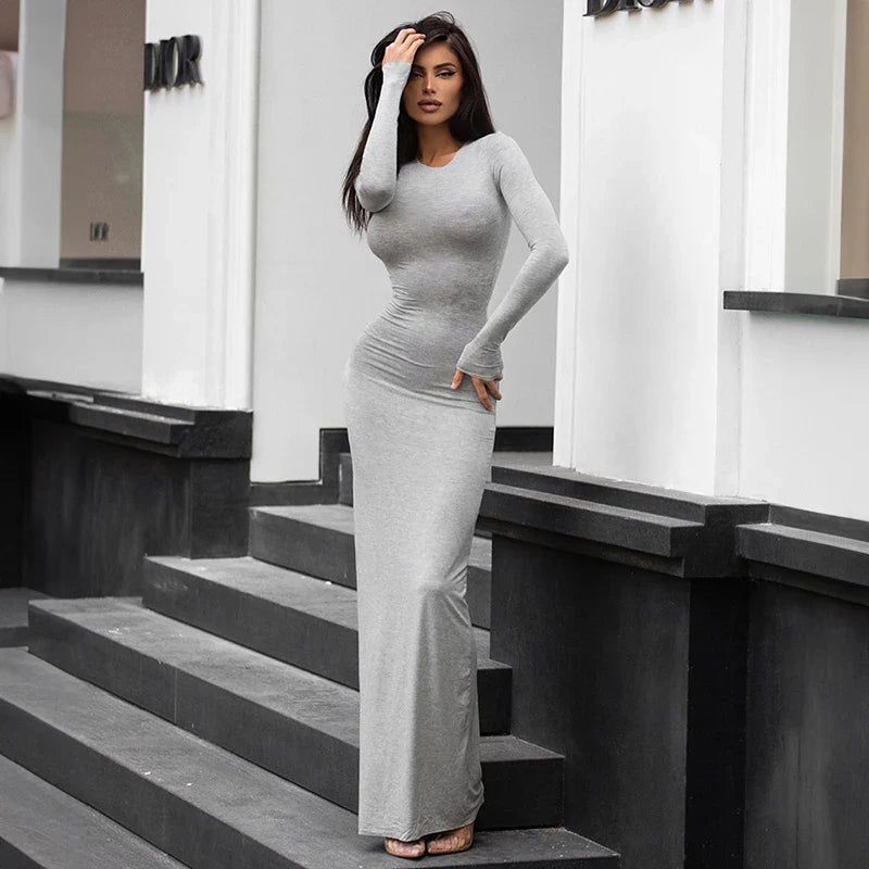 Square Knitted Cotton Long Sleeve Fishtail Bodycon Maxi Dress